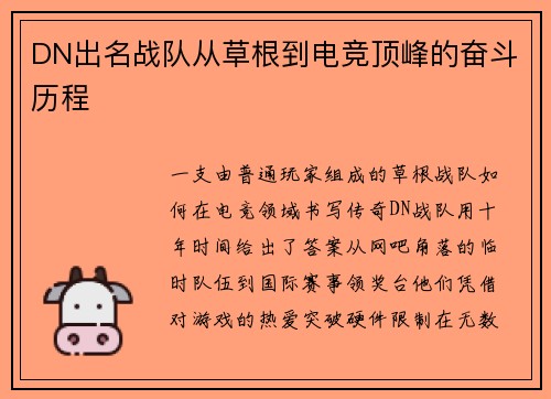 DN出名战队从草根到电竞顶峰的奋斗历程