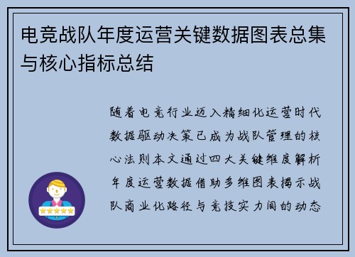 电竞战队年度运营关键数据图表总集与核心指标总结